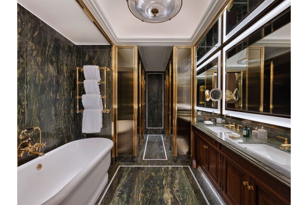 The opulent bathroom in The Haldane Suite at Raffles London at The OWO